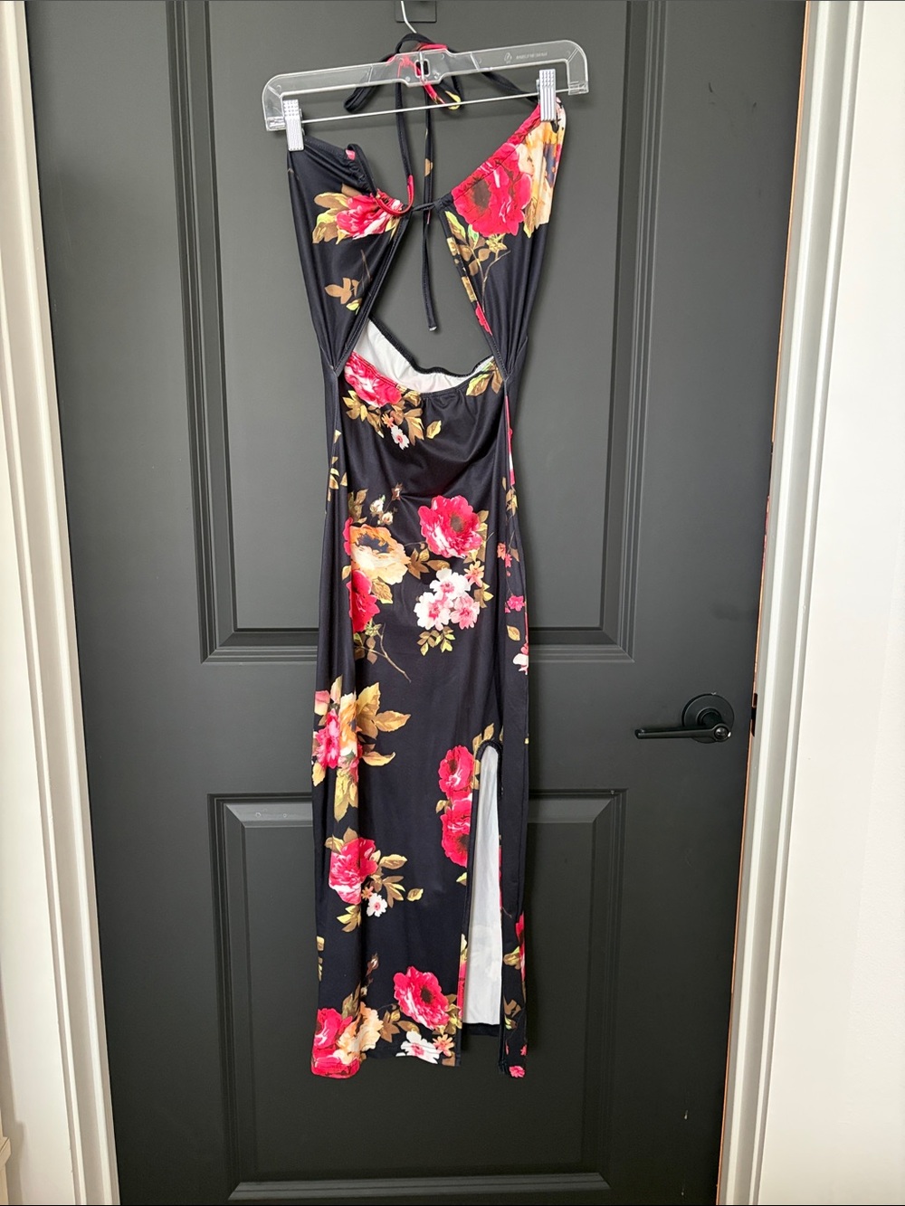 SHEIN Black Maxi Dress with Red and Yellow Floral Print and Cutout